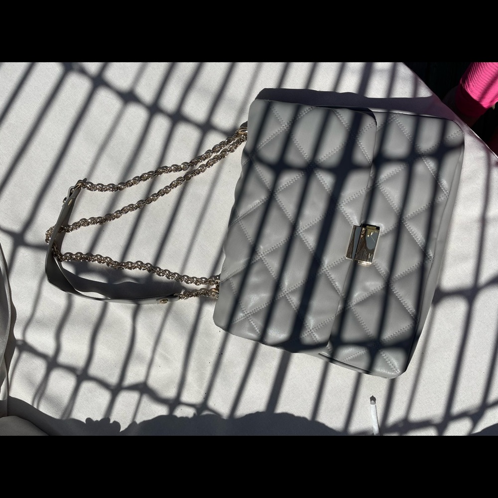 Grey quilted faux leather shoulder bag